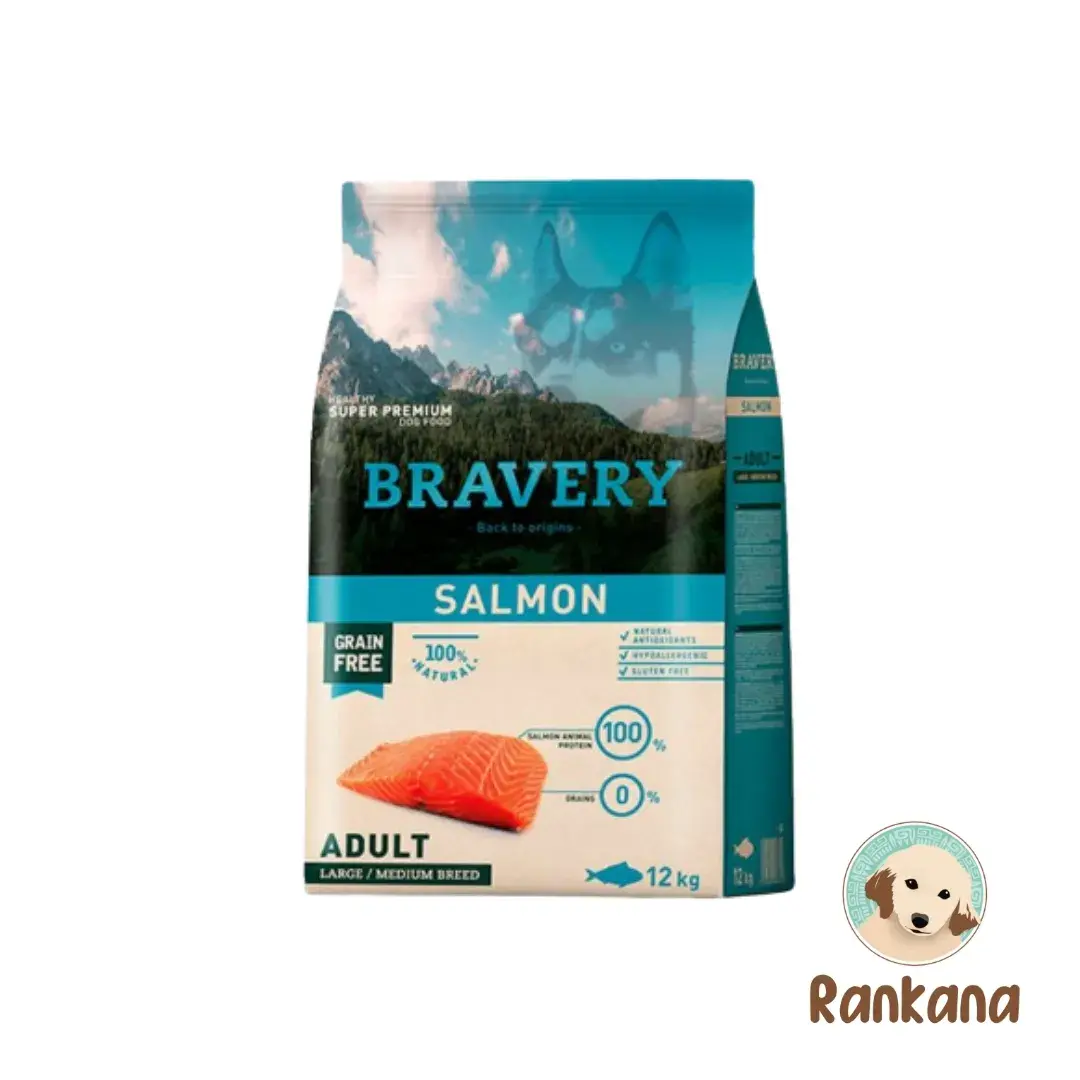 Comida para perros Bravery Salmón 12 kg Saco de comida Bravery Adulto de Salmón para perros de razas medianas y grandes. Alimento Grain Free natural de 12 kg. Nutrición hipoalergénica. Zoetis.