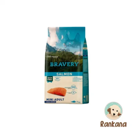 Saco de comida Bravery Mini Adulto de Salmón para perros de razas pequeñas. Alimento Grain Free natural de 7 kg. Dieta monoproteica e hipoalergénica. Zoetis.