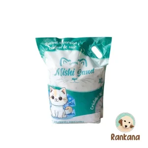 Bolsa de 4 kg de Mishi Sand XL, sustrato sanitario de cristales de sílice para gatos con máxima absorción, con ilustración de gatito kawaii y logo de Rankana.
