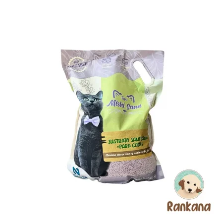 Bolsa de 2.5 kg de Tofu Mishi Sand, sustrato sanitario ecológico de soya en pellets para gatos con aroma a lavanda, con ilustración de gato gris con corbatín y logo de Rankana.