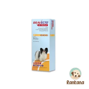 Caja de Bravecto 1M Triple para perros muy pequeños de 2.5 a 5 kg, antiparasitario masticable contra pulgas, garrapatas y parásitos internos en Perú, con logo de Rankana.