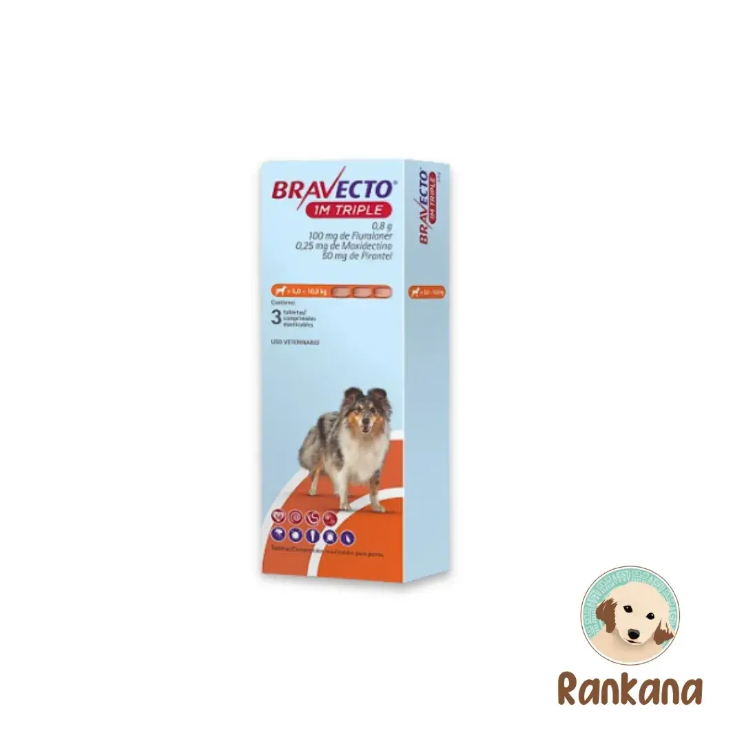 Bravecto 1M Triple de 5 a 10 kg – Caja x 3 comprimidos Caja de Bravecto 1M Triple para perros de 5 a 10 kg, antiparasitario masticable contra pulgas, garrapatas y parásitos internos en Perú, con logo de Rankana.