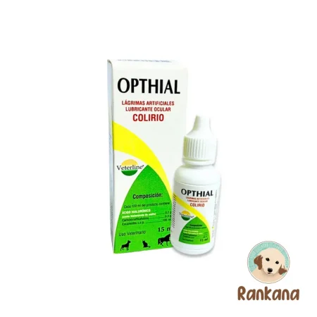 Caja y frasco de Opthial 15 ml, colirio veterinario de lágrimas artificiales y lubricante ocular para caninos y felinos de la marca Veterline, junto al logo de Rankana.