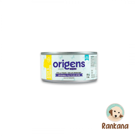 Origens de sabor de atún con pitahaya. Alimento húmedo con 85 gr.