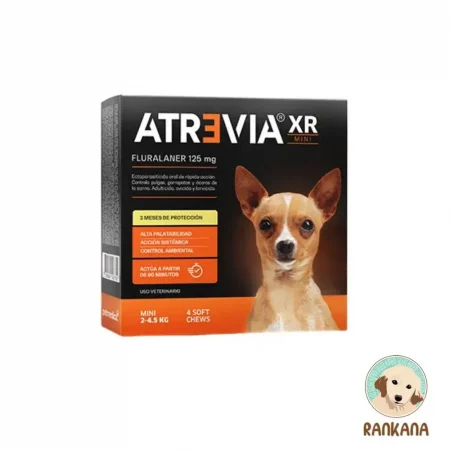Caja de Atrevia XR Mini para perros de 2 a 4.5 kg, contiene 4 tabletas masticables (soft chews). Antiparasitario con Fluralaner 125 mg. Brinda 3 meses de protección contra pulgas, garrapatas y sarna.