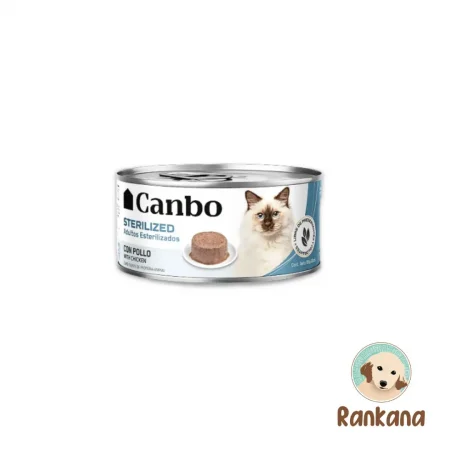 Lata de 85 gr de alimento húmedo Canbo Sterilized Care para gatos adultos esterilizados, sabor paté de pollo, control de peso y salud renal en Perú.