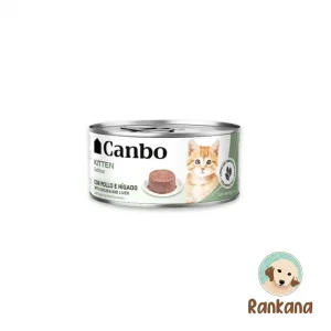 Lata de 85 gr de alimento húmedo Canbo Kitten para gatitos, sabor paté de pollo e hígado, nutrición súper premium para cachorros en Perú.