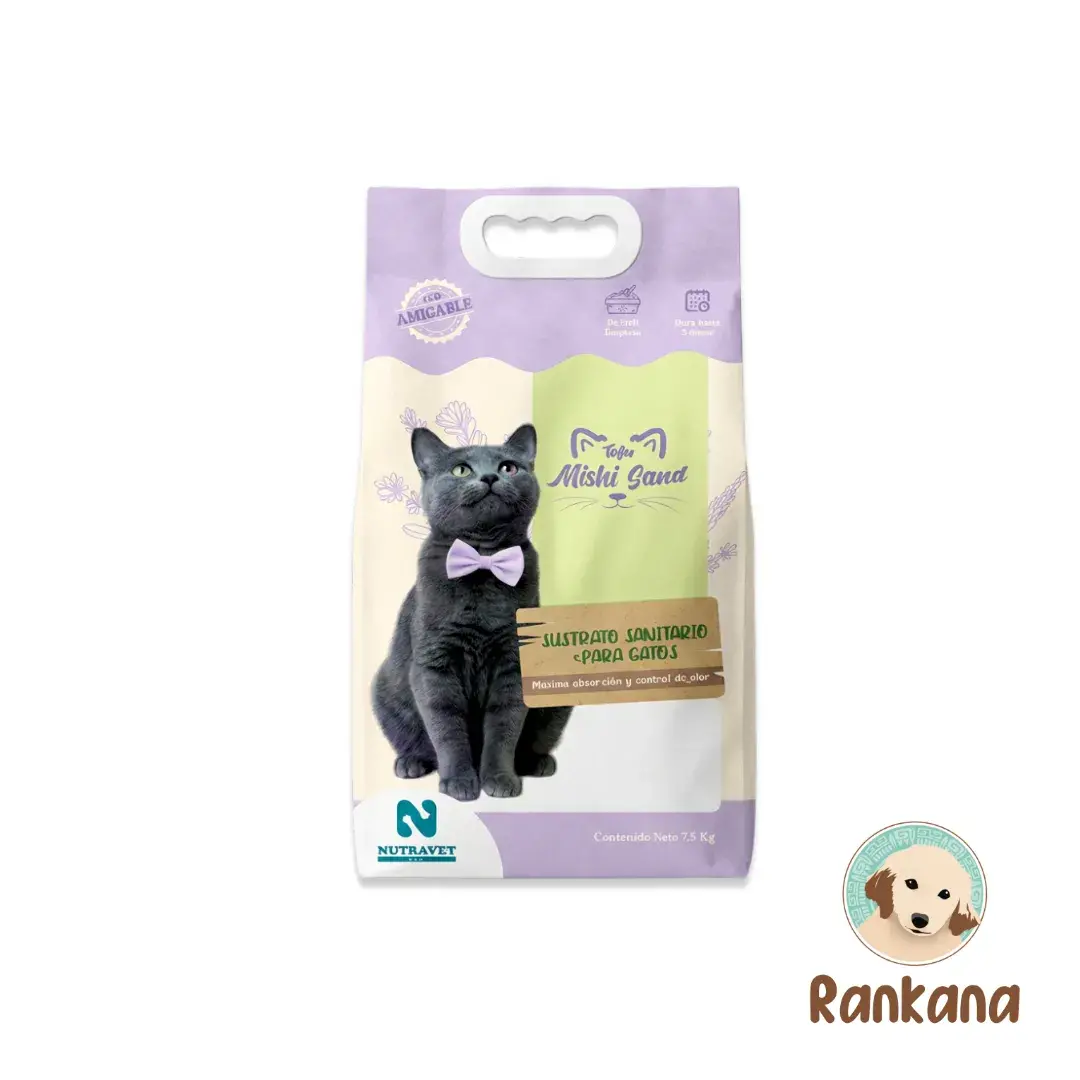 Empaque de 7.5 kg de Tofu Mishi Sand, sustrato sanitario biodegradable para gatos con aroma a lavanda, con ilustración de gato con corbatín y logo de Rankana.