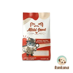 Empaque de 4 kg de Alerta Mishi Sand, sustrato sanitario inteligente y de diagnóstico de orina para gatos, con ilustración de gato detective y logo de Rankana.