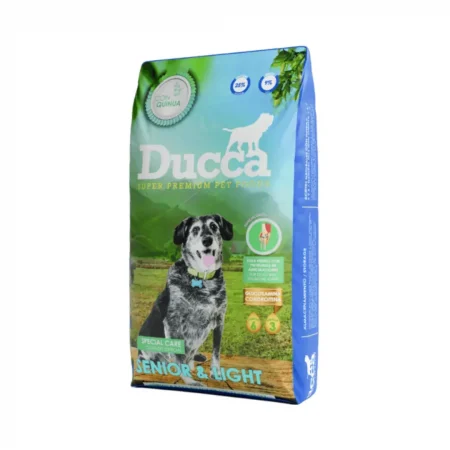 Bolsa de 15 kg de comida para perros Ducca Senior & Light, especial para perros con problemas de articulaciones en Rankana Perú.