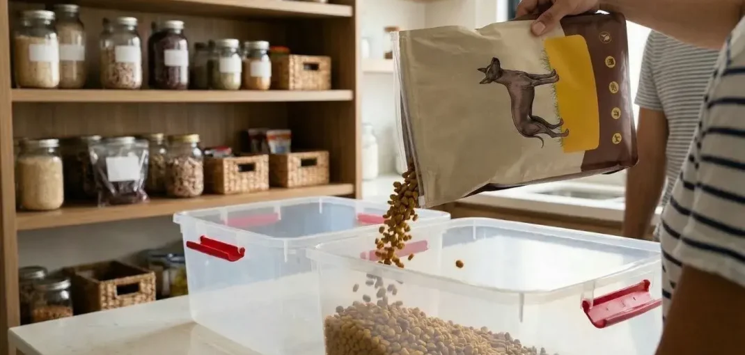 Una persona vierte alimentos desde su bolsa original hacia un contenedor de plástico hermético con cierres rojos, en una cocina peruana organizada para evitar la humedad.