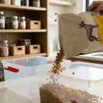 Una persona vierte alimentos desde su bolsa original hacia un contenedor de plástico hermético con cierres rojos, en una cocina peruana organizada para evitar la humedad.