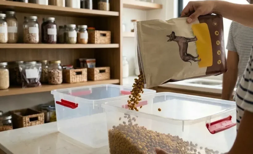 Una persona vierte alimentos desde su bolsa original hacia un contenedor de plástico hermético con cierres rojos, en una cocina peruana organizada para evitar la humedad.