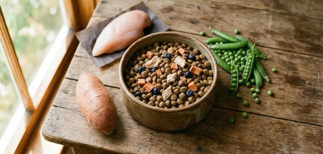 Un bol de cerámica lleno de croquetas de alimentos para perros de alta calidad, mezcladas con trozos visibles de carne de pollo deshidratada, camote y arándanos. Alrededor del bol, sobre una mesa de madera rústica, se ven ingredientes frescos: una pechuga de pollo cruda, un camote entero y una porción de guisantes frescos. Luz natural entra por una ventana al fondo.