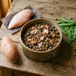 Un bol de cerámica lleno de croquetas de alimentos para perros de alta calidad, mezcladas con trozos visibles de carne de pollo deshidratada, camote y arándanos. Alrededor del bol, sobre una mesa de madera rústica, se ven ingredientes frescos: una pechuga de pollo cruda, un camote entero y una porción de guisantes frescos. Luz natural entra por una ventana al fondo.