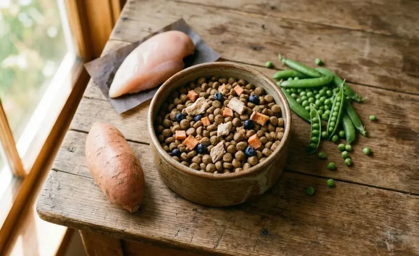 Un bol de cerámica lleno de croquetas de alimentos para perros de alta calidad, mezcladas con trozos visibles de carne de pollo deshidratada, camote y arándanos. Alrededor del bol, sobre una mesa de madera rústica, se ven ingredientes frescos: una pechuga de pollo cruda, un camote entero y una porción de guisantes frescos. Luz natural entra por una ventana al fondo.