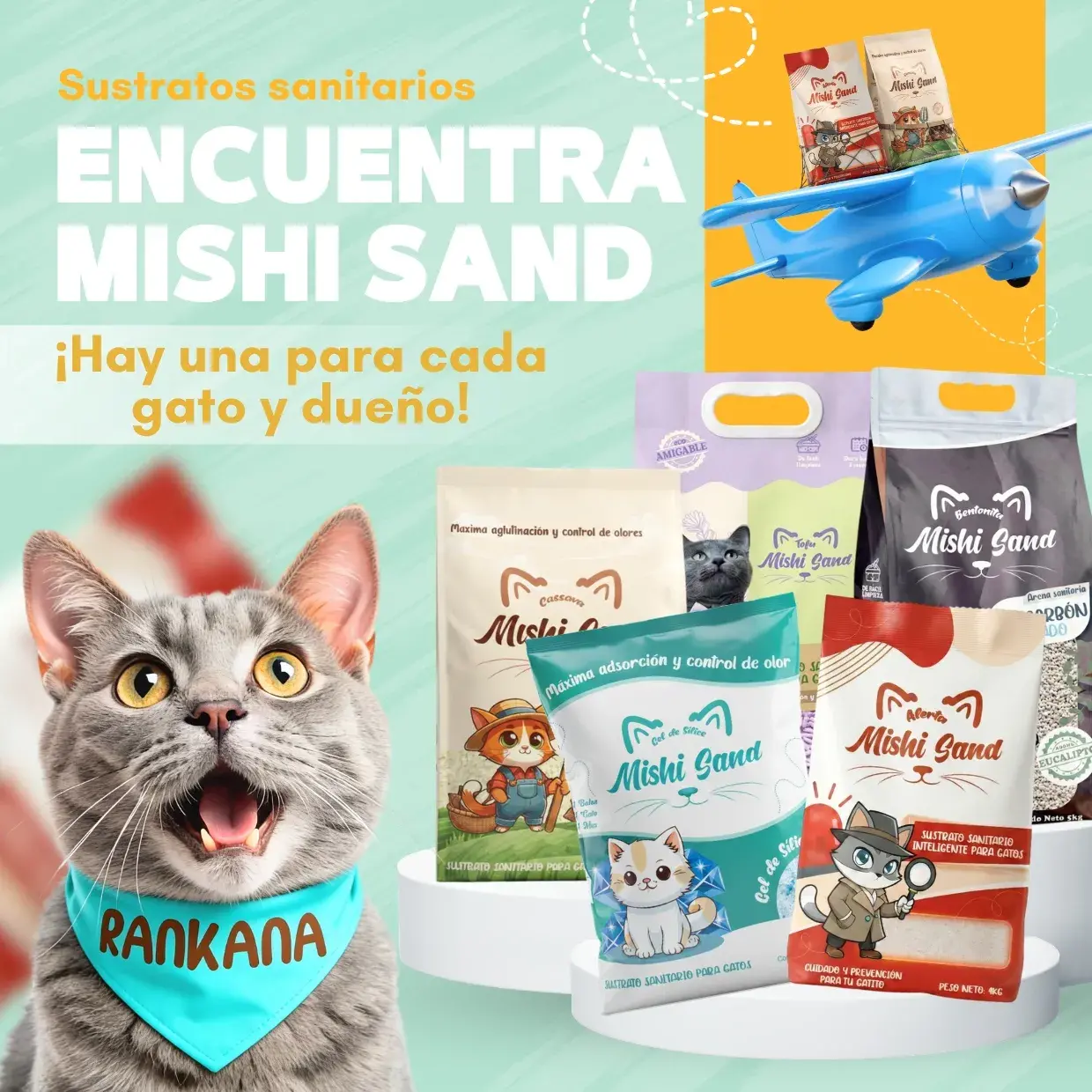 Imagen publicitaria de arenas sanitarias para gatos Mishi Sand, mostrando diferentes variedades de sustratos, un gato con pañuelo y un avión de juguete.