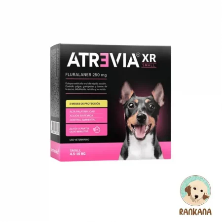 Caja de Atrevia XR Small para perros de 4.5 a 10 kg, contiene 4 tabletas masticables. Antiparasitario con Fluralaner 250 mg que ofrece 3 meses de protección contra pulgas, garrapatas y ácaros.