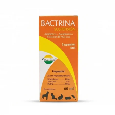Caja de medicamento veterinario Bactrina Suspensión 60 ml de Veterline. Antibiótico, antidiarreico y protector de mucosas para mascotas.