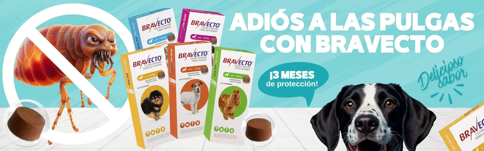 Banner publicitario de Bravecto mostrando una pulga tachada con un símbolo de prohibido, cajas del producto para diferentes pesos de perros, una pastilla masticable y un perro feliz.