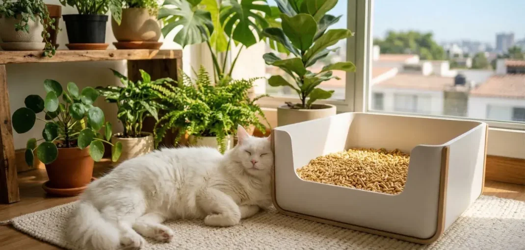 Primer plano de un gato blanco esponjoso y relajado con los ojos cerrados, descansando felizmente junto a una caja de arena moderna y abierta llena de pellets de arena biodegradable natural a base de maíz. El fondo muestra una sala de estar en Miraflores con muchas plantas verdes en macetas bajo la luz del sol.