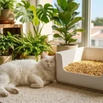 Primer plano de un gato blanco esponjoso y relajado con los ojos cerrados, descansando felizmente junto a una caja de arena moderna y abierta llena de pellets de arena biodegradable natural a base de maíz. El fondo muestra una sala de estar en Miraflores con muchas plantas verdes en macetas bajo la luz del sol.