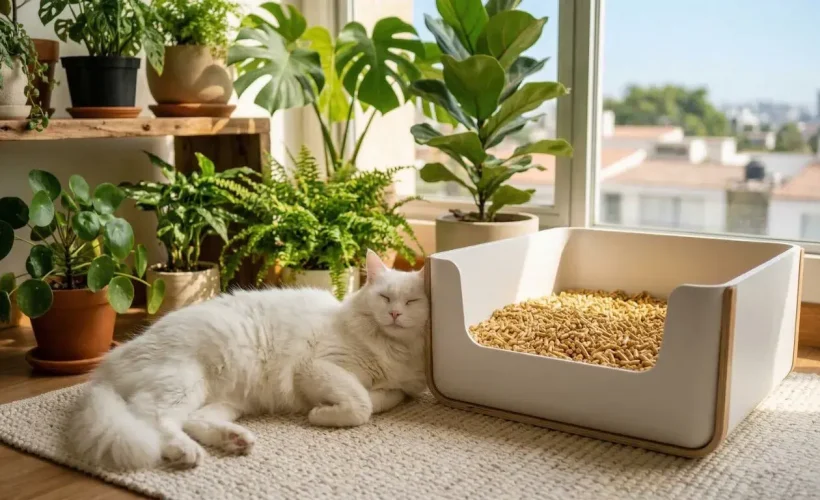 Primer plano de un gato blanco esponjoso y relajado con los ojos cerrados, descansando felizmente junto a una caja de arena moderna y abierta llena de pellets de arena biodegradable natural a base de maíz. El fondo muestra una sala de estar en Miraflores con muchas plantas verdes en macetas bajo la luz del sol.