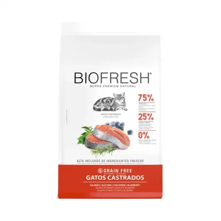Bolsa de alimento Biofresh Super Premium Natural para gatos castrados sabor salmón y arándanos de 7.5kg sin granos.