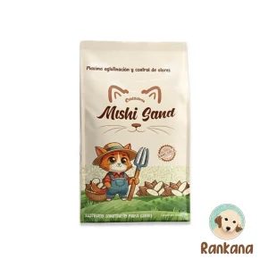 Empaque de 4 kg de Cassava Mishi Sand, sustrato sanitario ecológico para gatos a base de yuca, con ilustración de gato granjero y logo de Rankana.