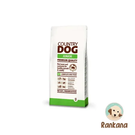 Saco de comida Country Dog Junior para perros cachorros en crecimiento, con carne roja y nutrientes para salud y vitalidad, 15 kg.
