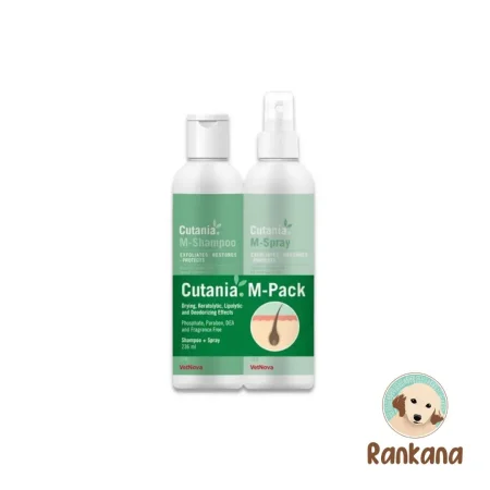 Pack dermatológico Cutania Malabo de 236 ml para perros y gatos, incluye Shampoo y Spray de VetNova para el control de piel grasa y dermatitis, disponible en Rankana.