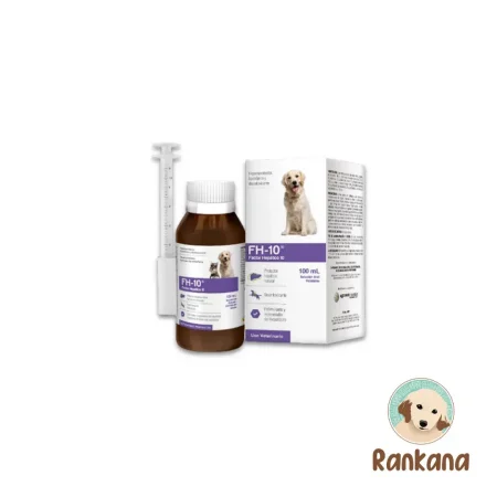 Frasco y caja de FH-10 Factor Hepático 100ml, protector hepático natural para perros y gatos.