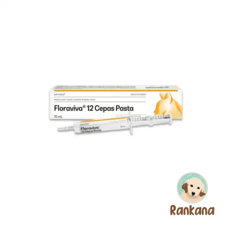 Caja y jeringa dosificadora de 15 ml del probiótico Floraviva 12 Cepas Pasta de la marca Petmedica. Diseñado para perros y gatos. El empaque es blanco con detalles en naranja y muestra las siluetas de un gato y un perro. Incluye el logotipo del pet shop Rankana en la esquina inferior derecha.