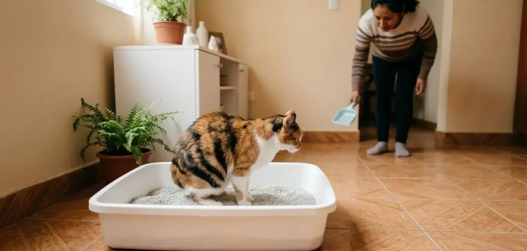 Fotografía sincera y de estilo documental dentro de un hogar peruano limpio. Un gato calicó saludable está orinando tranquilamente en un arenero de color claro con arena aglomerante fina. En el fondo borroso, se ve la mano de una dueña peruana sosteniendo una pala para la limpieza diaria.