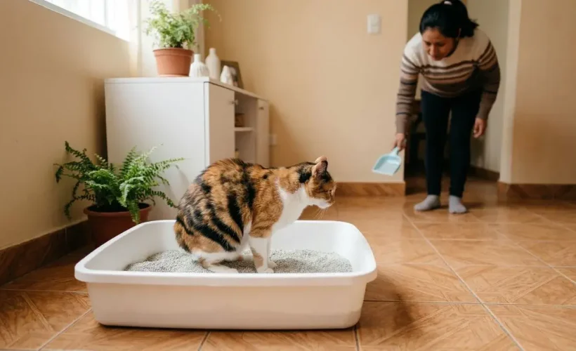 Fotografía sincera y de estilo documental dentro de un hogar peruano limpio. Un gato calicó saludable está orinando tranquilamente en un arenero de color claro con arena aglomerante fina. En el fondo borroso, se ve la mano de una dueña peruana sosteniendo una pala para la limpieza diaria.