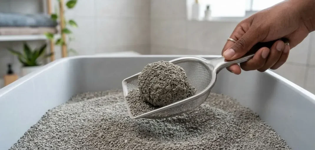 Fotografía macro y de alta definición en primer plano. Una mano humana (peruana) usa una pala de metal para arena para levantar fácilmente un terrón sólido, compacto y perfecto de arena de arcilla aglomerante usada de un arenero limpio. La textura detallada de la arena seca y el terrón húmedo es visible. El fondo es un baño limpio y ligeramente borroso en una casa en Perú.