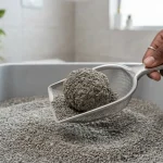 Fotografía macro y de alta definición en primer plano. Una mano humana (peruana) usa una pala de metal para arena para levantar fácilmente un terrón sólido, compacto y perfecto de arena de arcilla aglomerante usada de un arenero limpio. La textura detallada de la arena seca y el terrón húmedo es visible. El fondo es un baño limpio y ligeramente borroso en una casa en Perú.