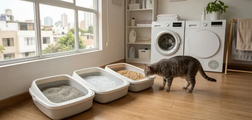 Gato atigrado peruano investigando tres opciones diferentes de arena para gatos: arcilla aglomerante gris, cristales de sílice translúcidos y pellets de madera marrón claro, alineados en una lavandería con piso de madera e iluminación natural de una ventana en Lima.