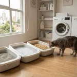 Gato atigrado peruano investigando tres opciones diferentes de arena para gatos: arcilla aglomerante gris, cristales de sílice translúcidos y pellets de madera marrón claro, alineados en una lavandería con piso de madera e iluminación natural de una ventana en Lima.