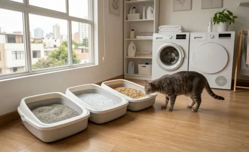 Gato atigrado peruano investigando tres opciones diferentes de arena para gatos: arcilla aglomerante gris, cristales de sílice translúcidos y pellets de madera marrón claro, alineados en una lavandería con piso de madera e iluminación natural de una ventana en Lima.