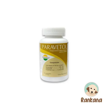 Frasco blanco de Paravetol 160 tabletas de Veterline, antiparasitario oral para perros y gatos. La etiqueta muestra la composición: Fenbendazol 500 mg y Praziquantel 25 mg, en la tienda Rankana.
