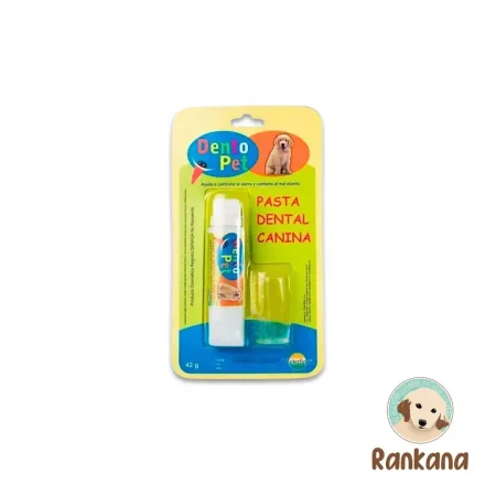 Empaque blister de Dentopet Pasta Dental Canina de 42 g, que incluye un tubo de crema dental y un dedal cepillo de dientes transparente para perros, presentado en la tienda Rankana.