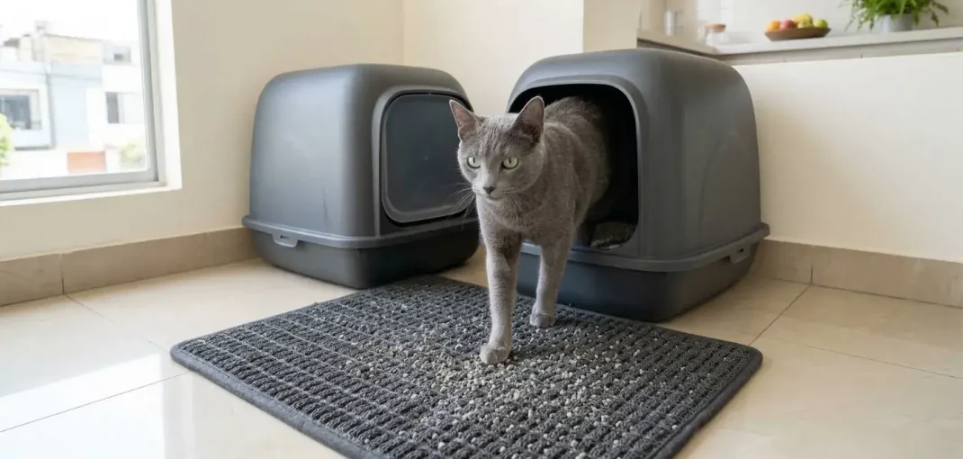 Un elegante gato gris de raza Russian Blue sale de un moderno arenero cubierto y pisa una alfombra atrapa-arena gris texturizada y especializada. La alfombra captura visiblemente pequeños gránulos de arena sueltos de las patas del gato. El piso de baldosas de cerámica circundante en una cocina de Lima está perfectamente limpio.
