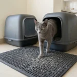Un elegante gato gris de raza Russian Blue sale de un moderno arenero cubierto y pisa una alfombra atrapa-arena gris texturizada y especializada. La alfombra captura visiblemente pequeños gránulos de arena sueltos de las patas del gato. El piso de baldosas de cerámica circundante en una cocina de Lima está perfectamente limpio.