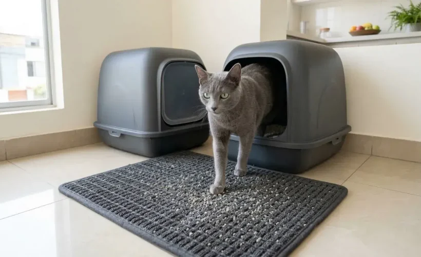 Un elegante gato gris de raza Russian Blue sale de un moderno arenero cubierto y pisa una alfombra atrapa-arena gris texturizada y especializada. La alfombra captura visiblemente pequeños gránulos de arena sueltos de las patas del gato. El piso de baldosas de cerámica circundante en una cocina de Lima está perfectamente limpio.