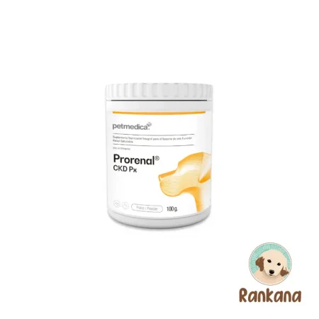 Envase de 100 gramos en polvo del suplemento veterinario Prorenal CKD Px de la marca Petmedica. Diseñado para el soporte de la función renal saludable en perros y gatos. El envase es blanco con detalles y siluetas en color naranja. En la esquina inferior derecha se muestra el logotipo del pet shop Rankana.