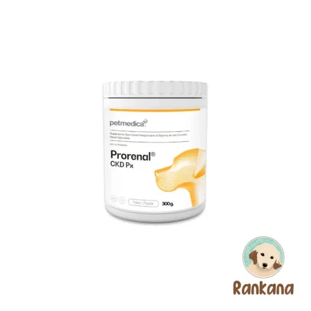 Envase de 300 gramos en polvo de Prorenal CKD Px de la marca Petmedica. Es un suplemento nutricional integral de uso veterinario para el soporte de la función renal saludable en perros y gatos. El pote es blanco con detalles y siluetas naranjas. En la esquina inferior derecha aparece el logotipo del pet shop Rankana.