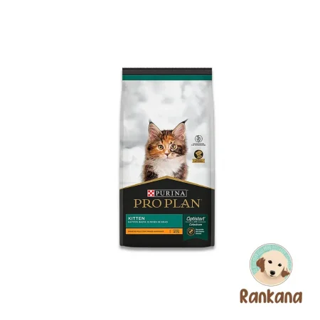 Bolsa de alimento seco Purina Pro Plan Kitten para gatitos hasta 12 meses de edad, formato de 3 kg con tecnología Optistart y calostro, incluye logo de Rankana Pet Shop.