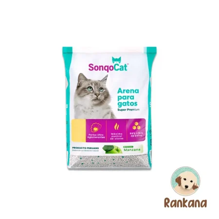 Saco de 10 kg de arena para gatos SonqoCat Perlada Premium con aroma a manzana, ultra aglomerante y 99% libre de polvo.