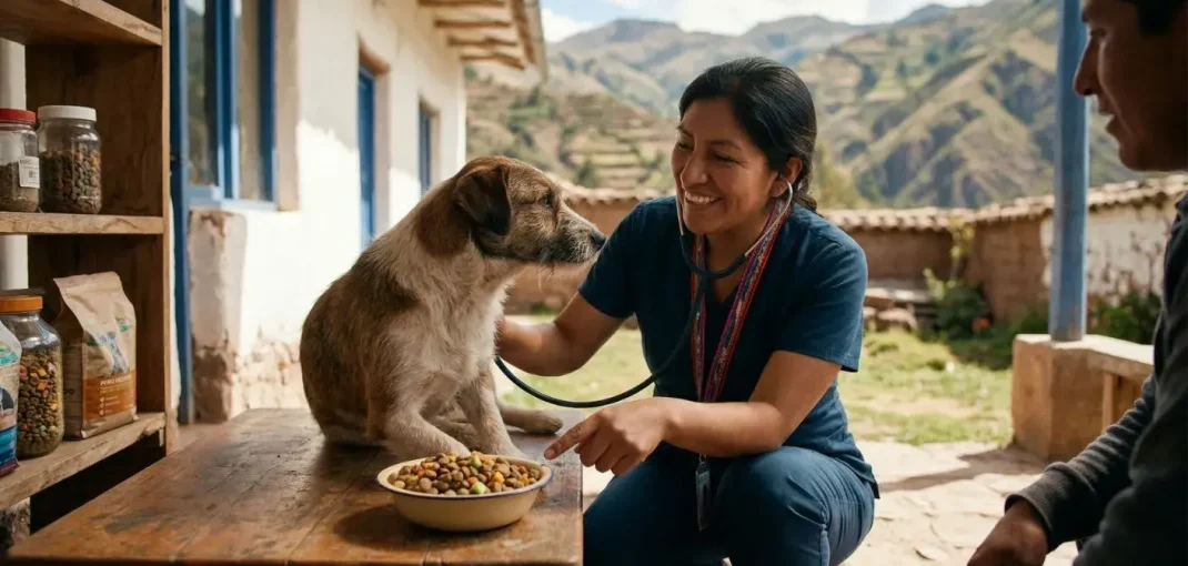 Una veterinaria peruana sonríe mientras examina con un estetoscopio a un perro mestizo sobre una mesa de madera. Ella señala un tazón de alimento balanceado. Al fondo, se ven montañas andinas y una casa de adobe.